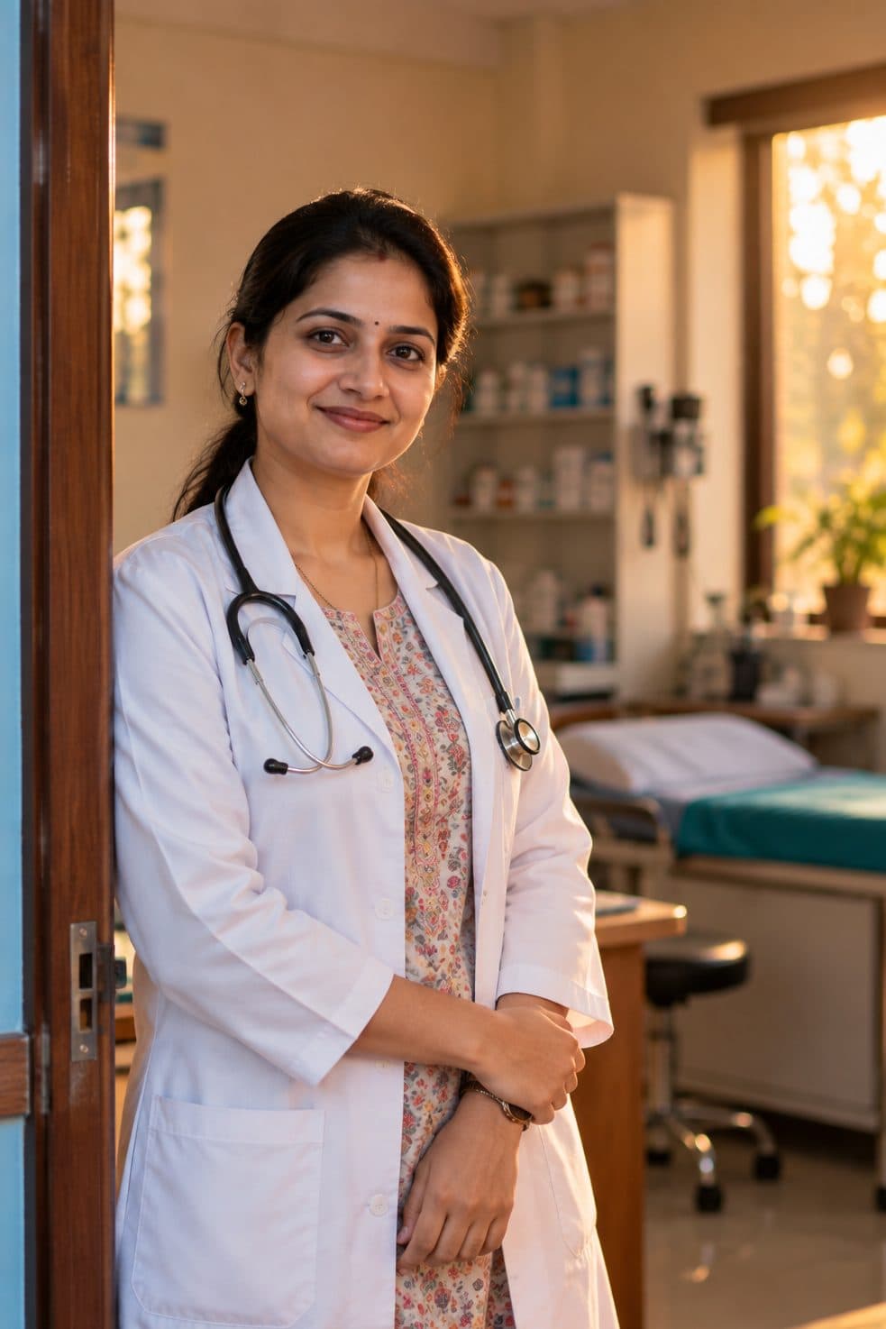 A smiling woman doctor at the door of her clinic