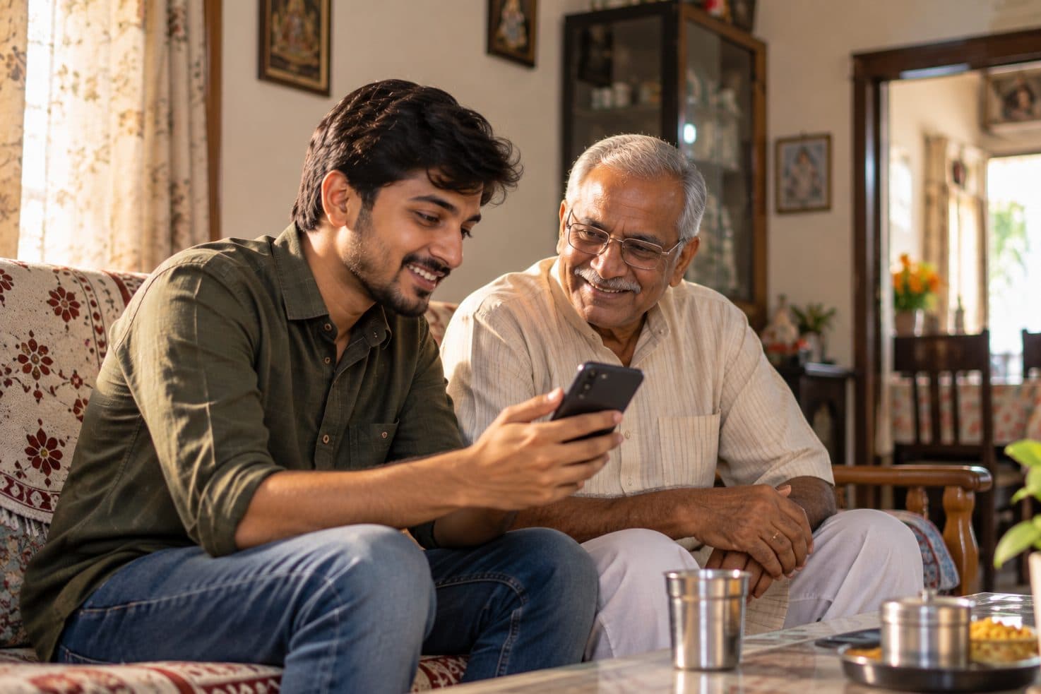 ઘરે પિતાને ફોનમાં કંઈક બતાવતો યુવાન